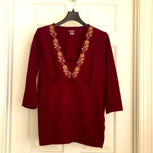 Classic Elements Top Large Burgundy Gold Embroidery Blouse 3/4 Sleeves